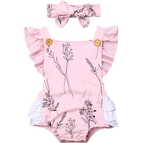 Cotton 2PCS Newborn Infant Baby Girl Outfits Clothes Set Ruffles Sleeveless Bodysuit+Headband 0-24M