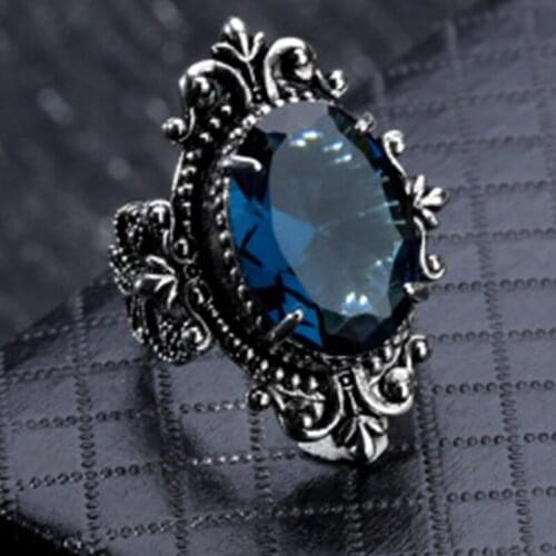 Milangirl Sea Blue Crystal Ring For Women European and American Vintage Thai Silver Color Oval Hand Jewelry Accessories