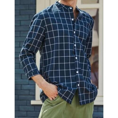 Mens Plaid Round Neck Buttons Navy Solid Color Loose Casual Shirt For Casual Daily Outdoor Wear Male Shirt Clothing 2021
