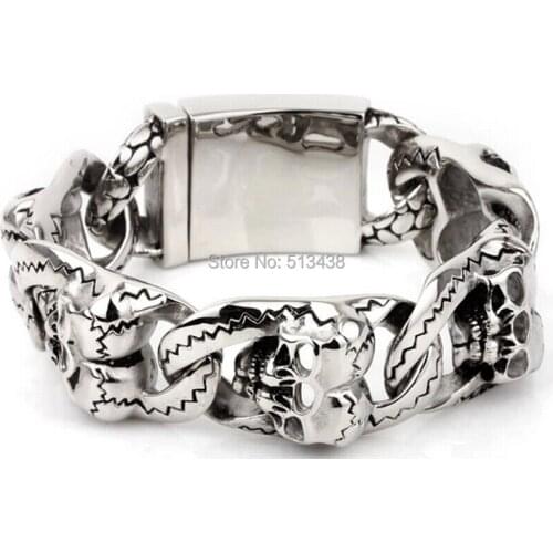 Christmas Gifts Vintage Black 316L Stainless Steel Mens Heavy Biker Skull Link Bracelet 134g
