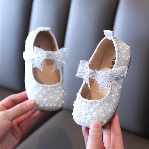 Girls Shoes Pearls Princess Shoes Bow Bling Mary Janes Shoes Crystal Baby Kids Bridal Shoe Child Flats Party Dance Shoes 1-7y