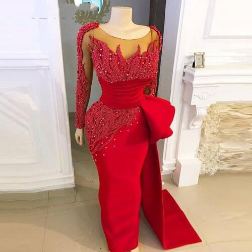 Dubai African Red Mermaid Evening Dresses With Sheer Scoop Pearls Appliques Long Sleeves Prom Dress Aso Ebi Side Train robe long
