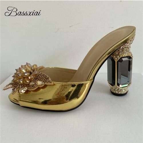 Beaded Butterfly-Flower Summer Sandals Women Jeweled Diamond High Heel Slingbacks Peep Toe Patent Leather Rhinestone Mules Lady