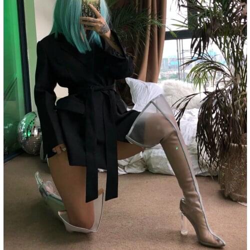 Mesh Botas Ladies Sexy Transparent Chunky Heels Over The Knee Boots Pointed Toe T Stage Lucency Thigh High Woman Sandal Boots