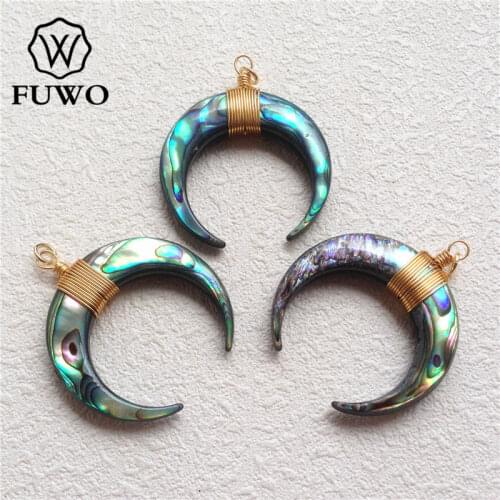 FUWO Carved Abalone Shell Crescent Moon Pendant With Gold Brass Wire Wrap Sea Shell Women Necklace Accessories PD563 35mm