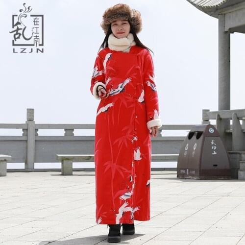 LZJN 2019 Winter Coat Women Faux Fur Jacket Long Sleeve Warm Fleece Maxi Coat Stand Collar Trenchcoat Lucky Crane Print Overcoat