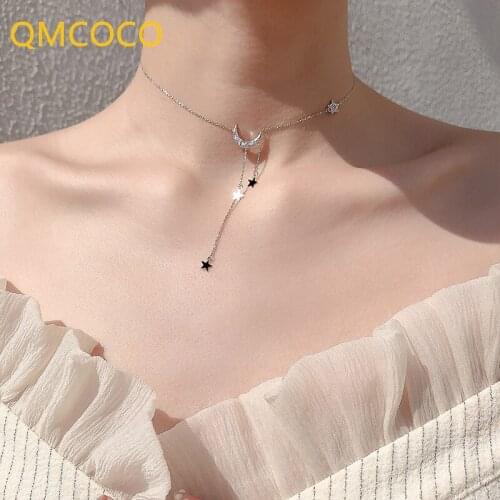 QMCOCO 925 Silver Charm Necklace For Women New Trendy Sparkling Zircon Moon Star Pendant Clavicle Chain Bride Jewelry