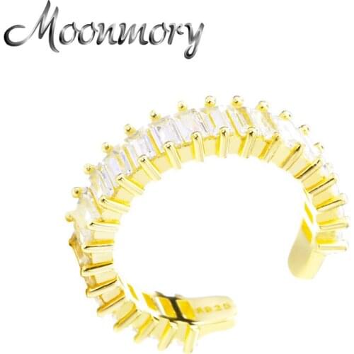 Moonmory 925 Sterling Silver Cuboid White Crystal Golden Ring For Women Adjustable Ring Europe Fashion Party Wedding Jewelry