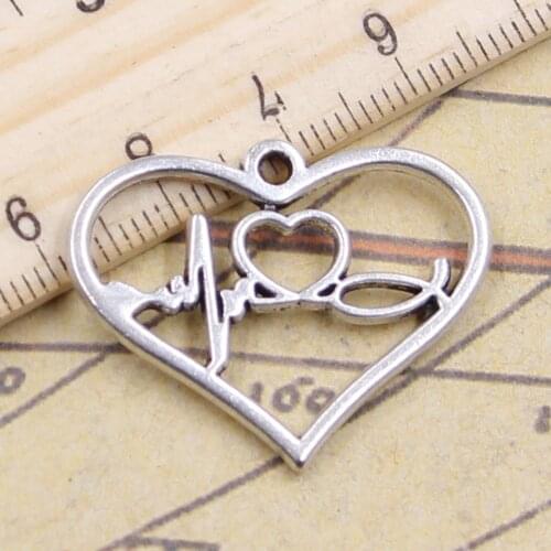 10pcs Charms Heart ECG Heartbeat Love 25x31mm Tibetan Silver Color Pendants Antique Jewelry Making DIY Handmade Craft