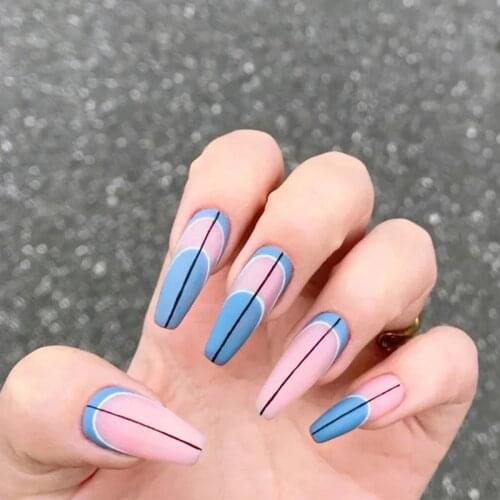 24pcs Blue Purple Fake Nail Patch Glue Type Removable Long Paragraph Fashion Manicure False Save Time Nails Patch Nail Art