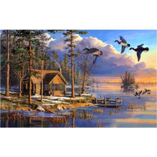 Lake cottage diamond painting landscape bird rhinestone embroidery picture puzzle tree diamond art drawing wall sticker decor