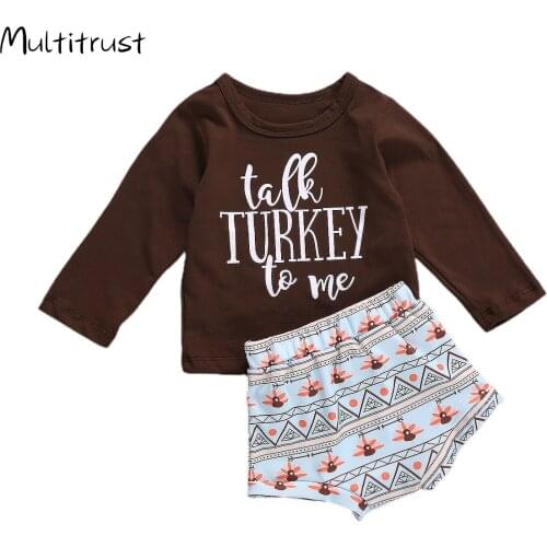 2020 Kid Girl Cropped Shirt+ Shorts Suit Letter Printed O-Neck Long Sleeve Thanksgiving Day Casual Pants 0-24M
