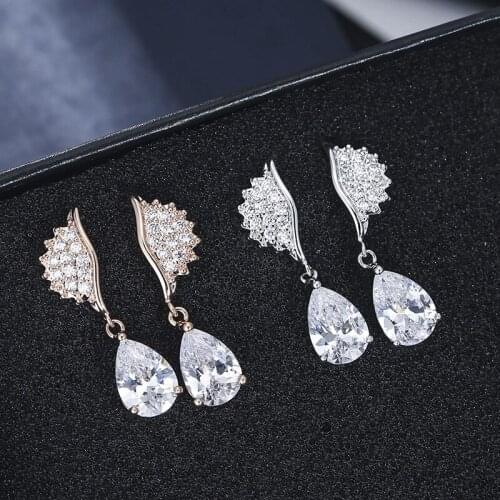 E016 New Fashion Temperament Light Luxury Copper Zircon Wings Water Drop Crystal Earrings Party Gift Woman Earrings Jewelry 2021