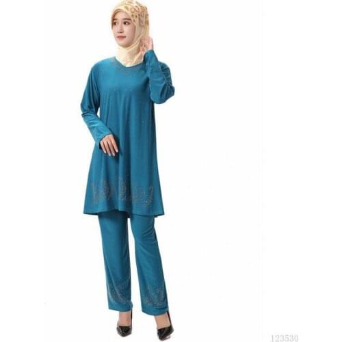 Crystal Cotton Hot Diamond Islamic Worship Service Muslim Plus Size Womens Two-piece Suit, Able For Spring, Summer And Autumn