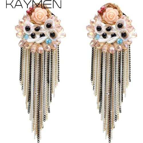 Kaymen New Flower Shape Handmade Knitted Crystal Pearl with Tassels Statement Dangle Drop Earrings for Girls Cute Jewelry 3310