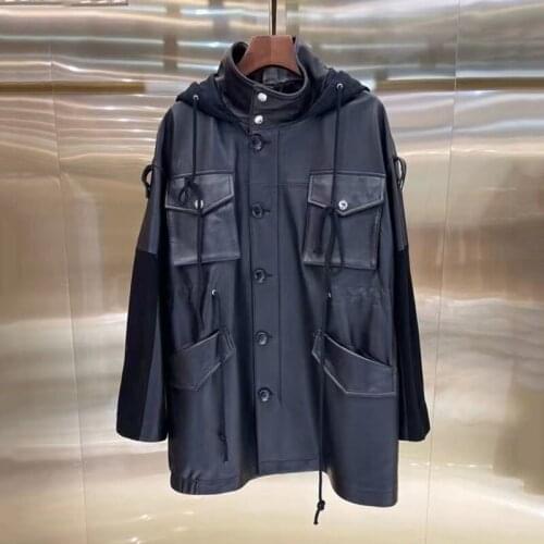 Regular Women Length Coat Spring And Autumn Spliced Import Genuine Leather Jacket Hooded Collect Waist Style Pocket Decoration