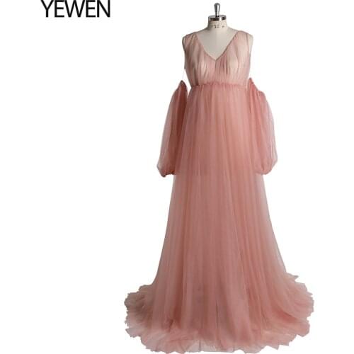 Cute Pink Tulle Elastic Band on Waist Detachable Sleeves Maxi Dresses for Women Maternity Dresses for Photo Shoot YEWEN