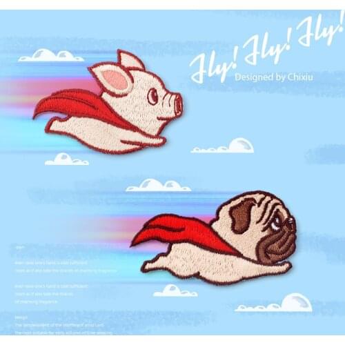 Lovely Flying Pig Dog Iron On Patch Animal Patches Cartoon Clothes Badges Embroidery Stickers Decorations For Hats Shoes TShirt