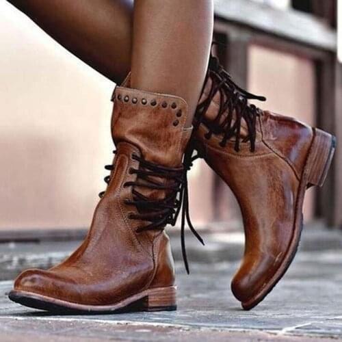 Fashion Mid-Calf Boots Female Winter Boots Vintage Cross Tied 2020 Women Zip Boots For Martin Boots PU Leather Booties