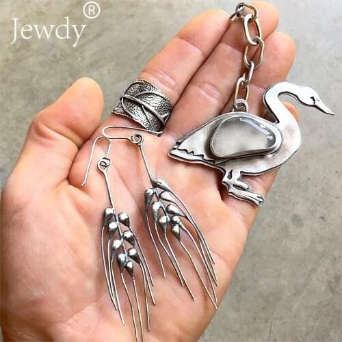 Jewdy Flamingo Jewelry Sets For Woman Necklace Earrings Ring Statement Punk Choker Pendant Opening Rings Bohemian Party