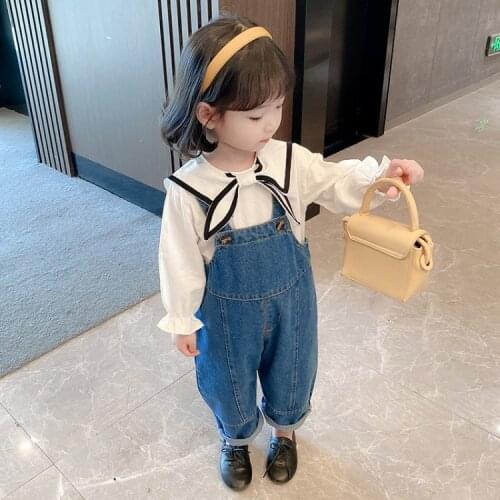 2021 New Spring Girls Bow Shirt Wide Leg Bib Suit Kids Cothes Girls