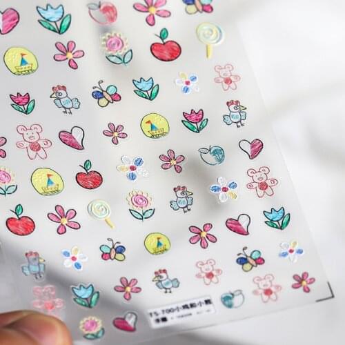 New 5D Engraved Nail Sticker Colorful Lovely Animal Flower Heart Lollipop Desgin Empaistic Nail Slide Decals Z0472