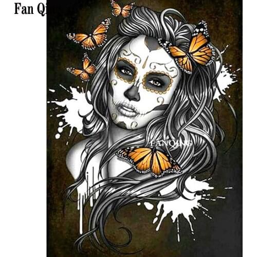 New diamond painting round square Diamond Embroidery Cross Stitch Kit Black and white skull girl butterfly 5D Mosaic Home Decor