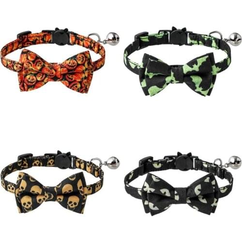Halloween Cats Collar With Bell Skull, Pumpkin, Bat Printed Collar For Dog Collar Teddy Bow Tie Collars Leads Cat Accessories