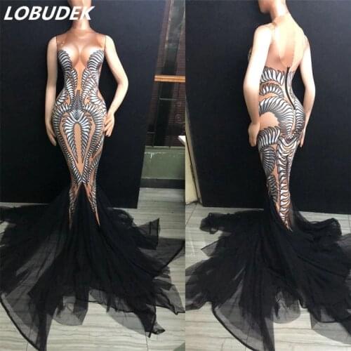 3D Printing Fishtail Dress Nightclub Lady Singer Costume Sexy Long Trailing Dresses Prom Party Celebration Performance Clothing