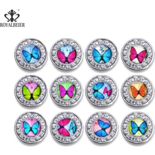 ROYALBEIER New 12pcs/lot Round 18MM Rhinestone Color Small Butterfly Buttons Women DIY Invitation Dexoration Shiny Buckle KZ1005