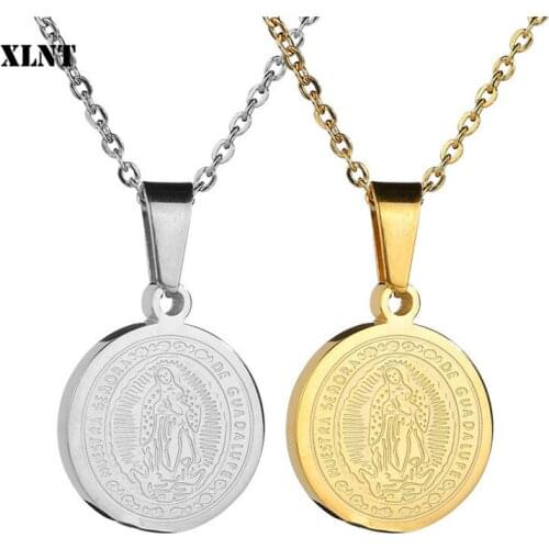 XLNT Pendant Choker Necklace Portrait Coin Virgin Mary Angel Fashion for Women Stainless Steel Statement Jewelry