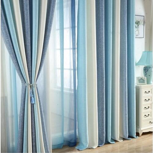 Blue Curtain for Living Room Solid Striped Curtain for Window Bedroom Sheer Fabric Beige Drapes Linen Shade Treatment T&109#30