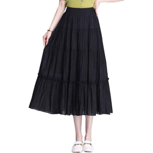 Women Elastic High Waist Tiered Pleated Flare A-Line Flowy Loose Maxi Long Skirt E15E
