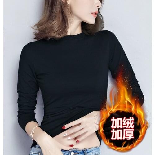 Winter Keep Warm Top Tees Women Thick T Shirt Full Sleeve Cotton T-shirts Soft Velvet inner Bottom Shirt High Quality 2021 New