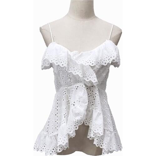 PERHAPS U Women Ruffle V Neck Tops Sleeveless Camis White Strap Lace B0334