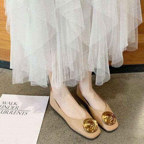 Ladies Spring New Simple Stylish Single Shoes Square Toe Shallow Mouth Flat Work Shoes Metal Sense Shoes European Style U19-49