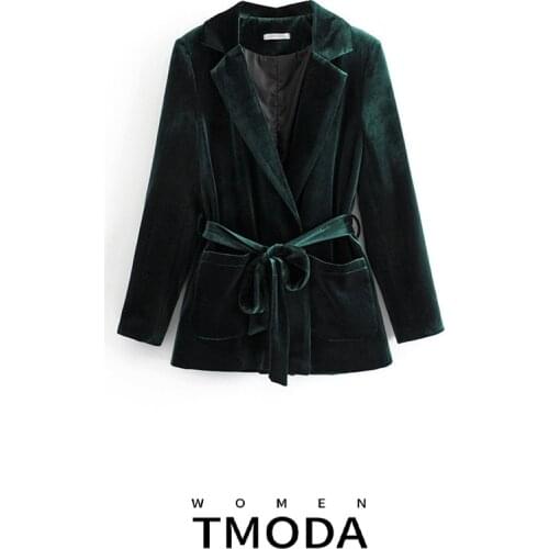 TMODA679 Vintage Stylish Velvet Office Lady with Belt Blazers Women 2021 Fashion Notched Collar Long Sleeve Outerwear Chic Tops