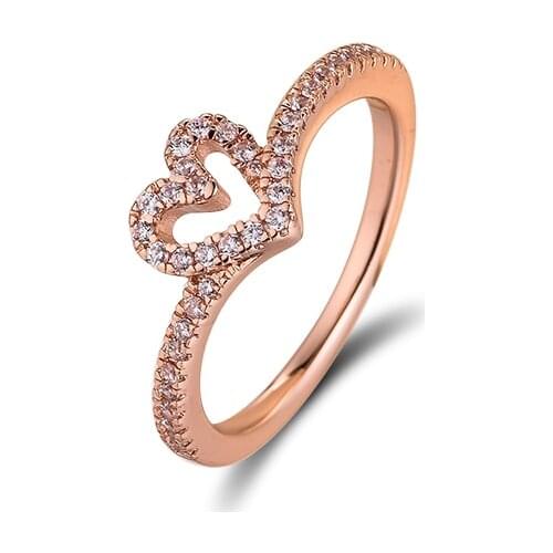 Authentic 925 Sterling Silver Sparkling Wishbone Heart Rings for Women Wedding Engagement Rings Fine Jewelry Gift Bague Femme