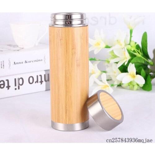 20pcs Bamboo Water Bottles Travel Vacuum Cups Insulated Coffee Mugs With Tea Infuser Strainer 450ml