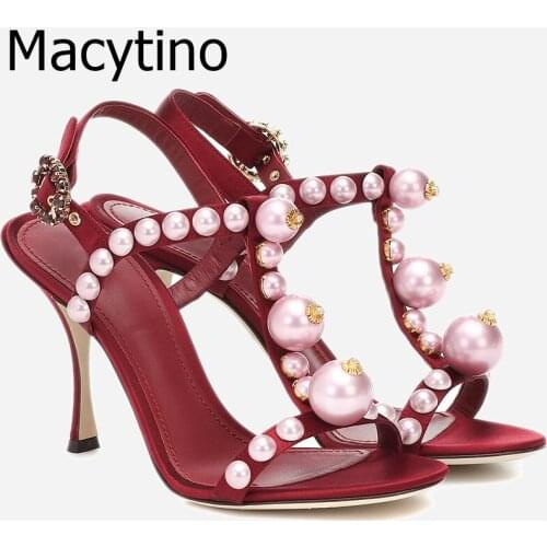 Pearl Crystal T-strap High heels Sandals Woman Wine Red Stiletto Sandalias Mujer Sexy Rhinestone Dress Party Shoes Woman