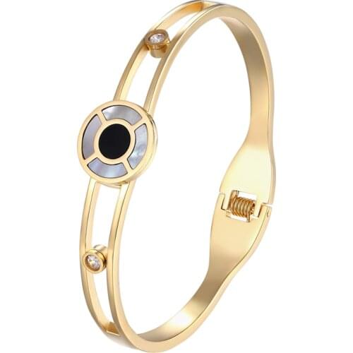 Beautiful 4 Shells Middle Black Enamel Bracelets & Bangle For Women Stainless Steel Spring Open Zircon Bracelet Couple Gift