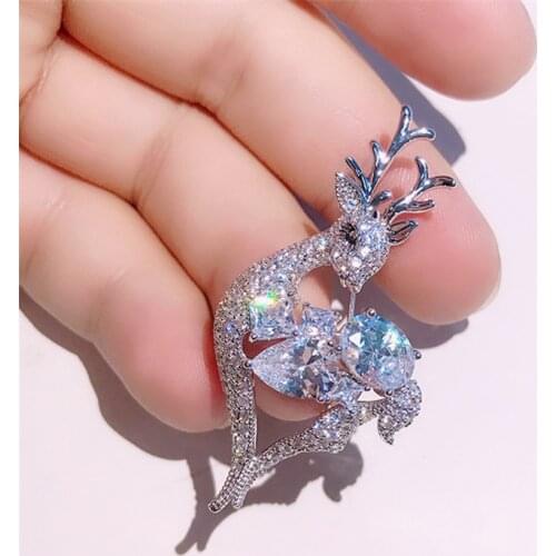 3A Cubic Zirconia Deer Brooch Pin Luxury Crystal Elk Brooches for Women Men Suit Christmas Pin Accessories Jewelry Animal Broach