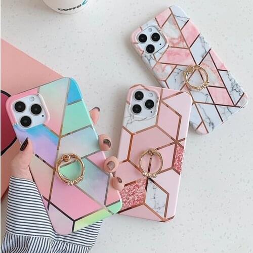 LOVECOM Plating Geometric Marble Phone Case For iPhone 12 11Pro Max XR XS Max 6S 7 8 Plus X Soft Back Cover Finger Ring Holder