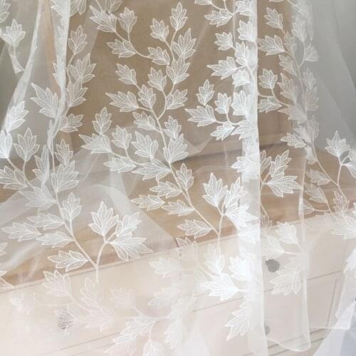 Off White Alencon Leaf Floral Lace Fabric for Wedding Gown Couture Dress Tulle Embroidery Lace Fabric by Yard 135cm wide