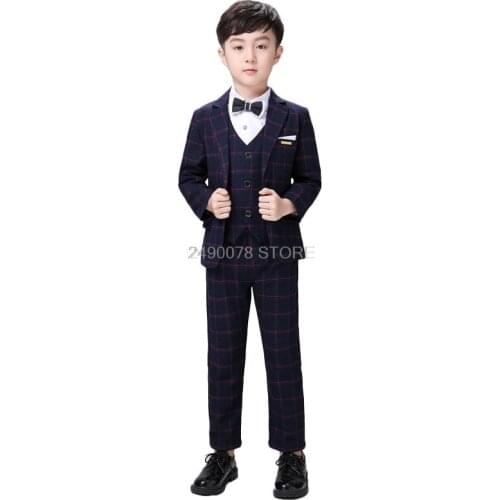 Kids England Style Blazer+Pants+Waistcoat+Tie 4Pcs Tuxedo Suit Flower Boys Formal Wedding Suit Children Party Host Costume
