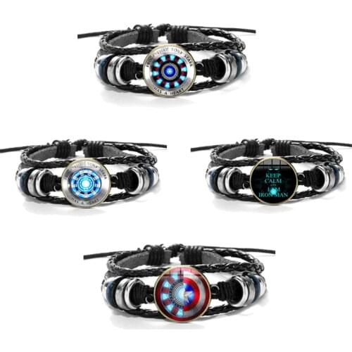 The Avengers Action Figure 3D Marvel Leather Bracelet Iron Man Tony Stark Arc Reactor Printed Glass Gem Charm Bracelet Hot Toys