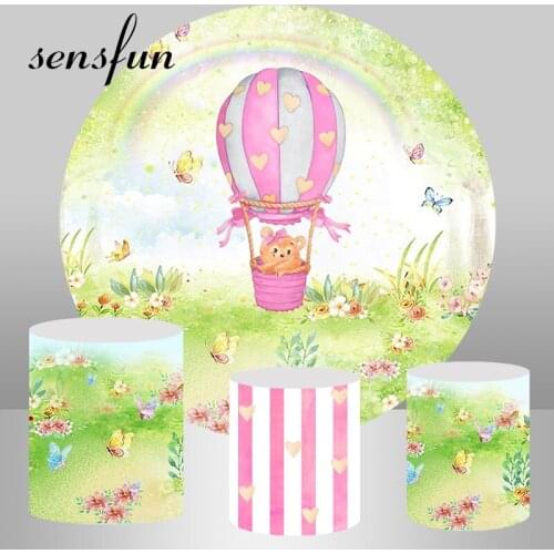 Newborn Baby Shower Round Backdrops Bear Hot Air Balloon Woodland Flowers Butterfly Girls 1st Birthday Party Circle Backgrounds