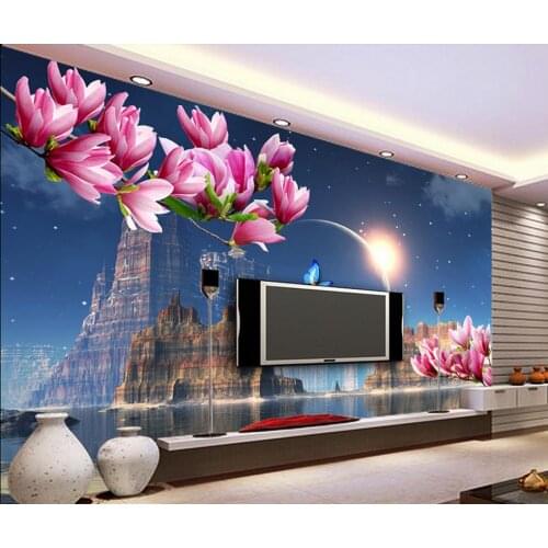 Photo any size mural 3d wallpaper 3d wall papers for tv backdrop Butterfly Magnolia flower reflection TV backdrop