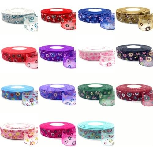 5Yards /Roll 25mm Printing Flower Organza Ribbons For Flower Gift Packing Wedding Decoration DIY Garment Accessories