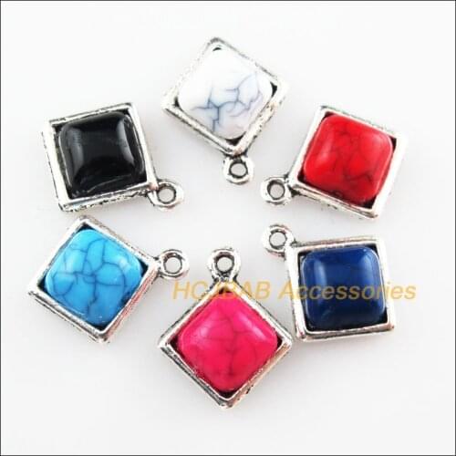 Fashion 24Pcs Tibetan Silver Color Square Mixed Stone Charms Pendant 13x16mm